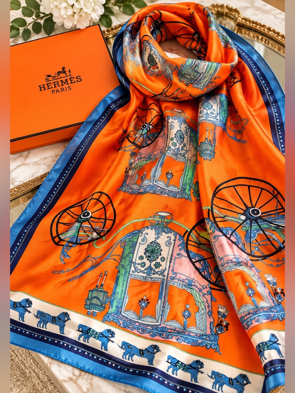 Authentic Hermes Coupe de Gala Silk Scarf Orange Teal Blue Shawl 36x70